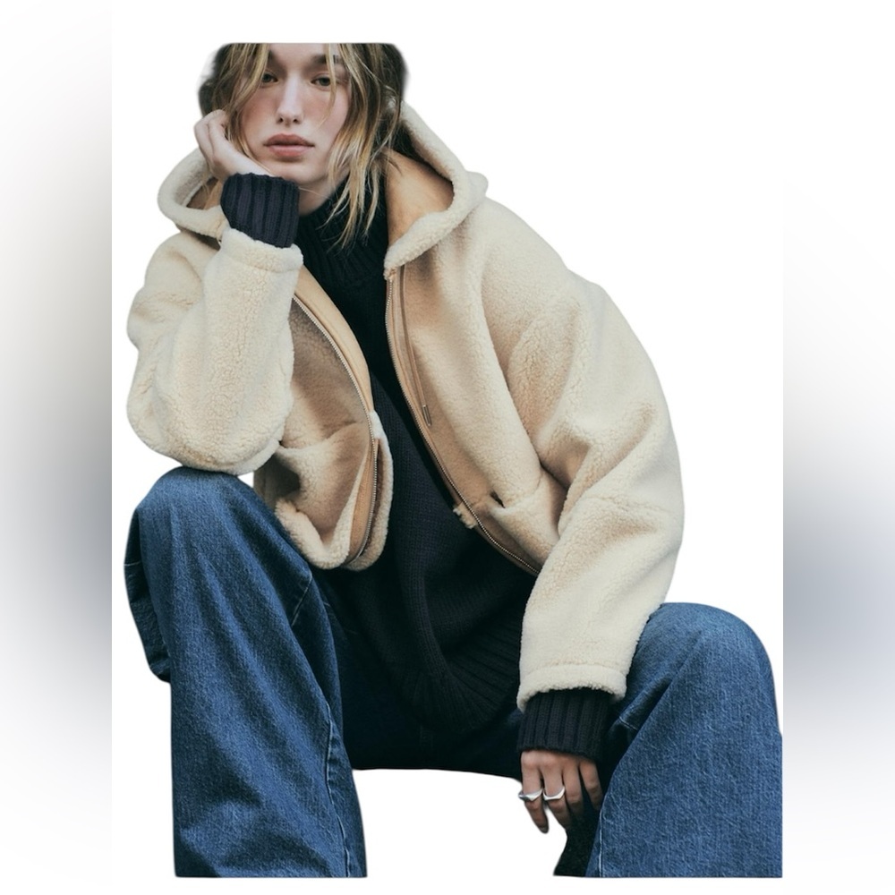 Zara Women’s Faux Shearling Cream soft Teddy Jacket size small